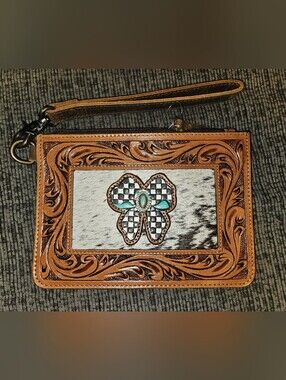 Brown Leather Tooled Cowhide Wristlet with  Checkered Turquoise Bow | Lippy Bag